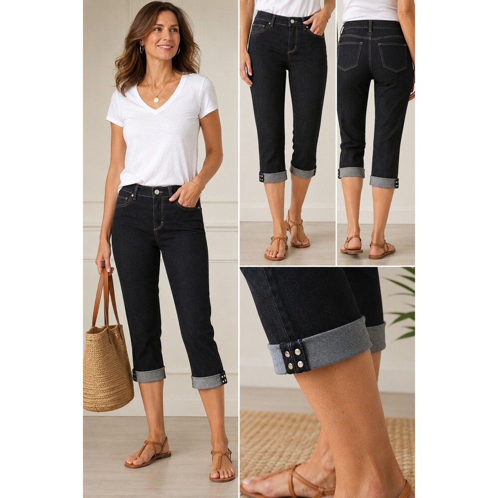 White House Black Market Noir 4 Black Denim Pedal Pusher Capri Jeans Studded
